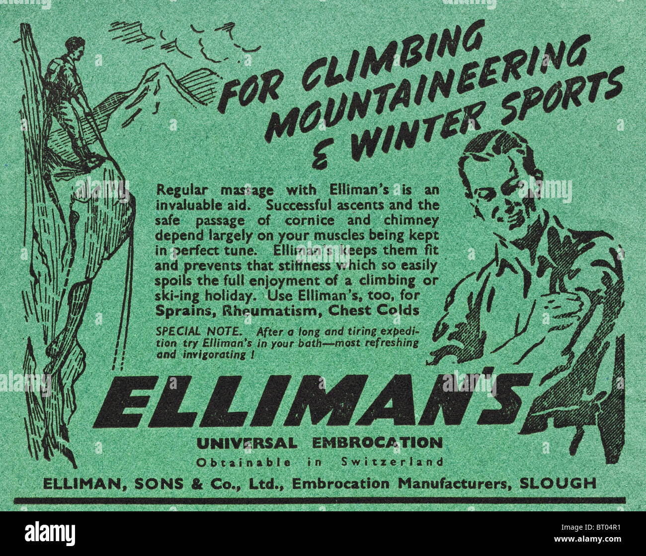 Advert for Elliman's embrocation in the magazine Mountaineering published by The British Mountaineering Council circa 1948 Stock Photo