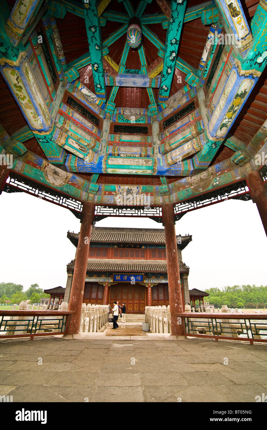 Classical Chinese architecture as seen in a beautiful temple built for the sea goddess Matsu on the shores of the Yellow sea. Stock Photo
