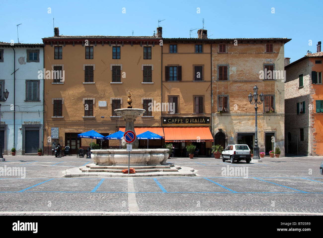 Typical Italian bar in a Piazza in Cagli in Le Marche region of Italy Stock Photo
