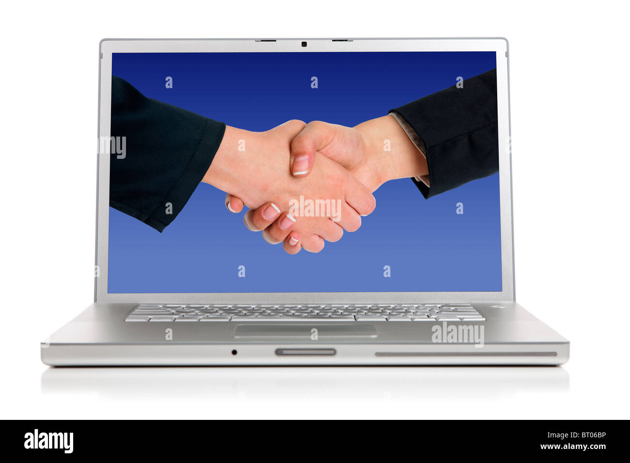 A modern silver computer on a white background, Handshaking on the ...