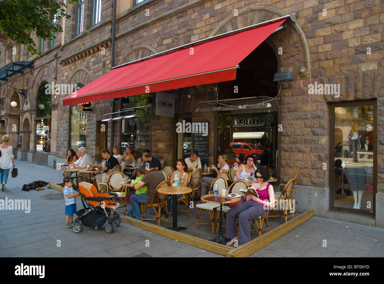 Cafe terrace Birger Jarlsgatan street central Stockholm Sweden Europe ...