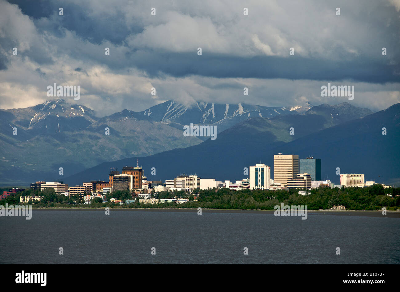 City skyline of Anchorage under leaden skies Alaska USA Stock Photo