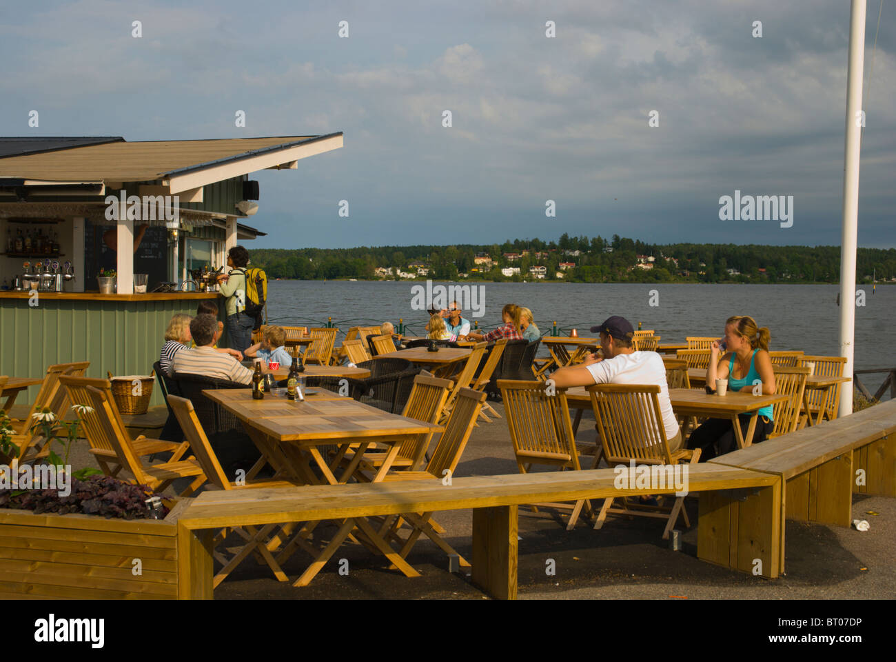 Cafe restaurant at the port of Sigtuna the oldest town in Sweden in Greater Stockholm area Stock Photo