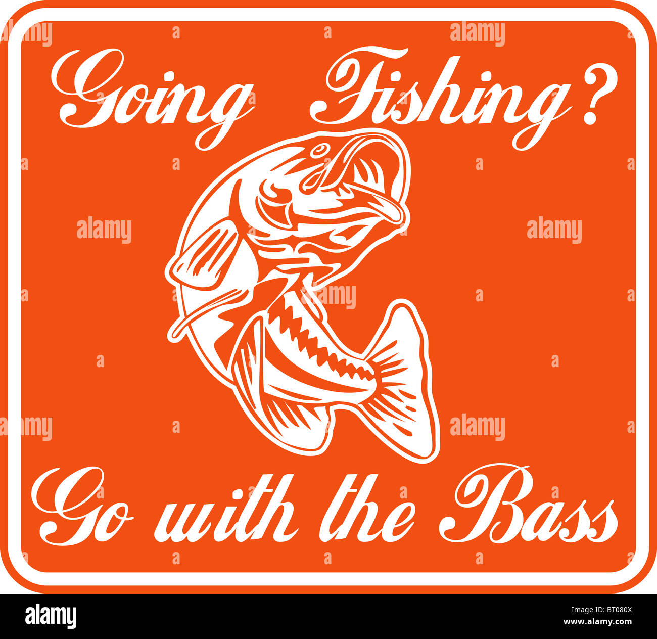 illustration of a largemouth bass jumping with words "going fishing go with the bass Stock Photo