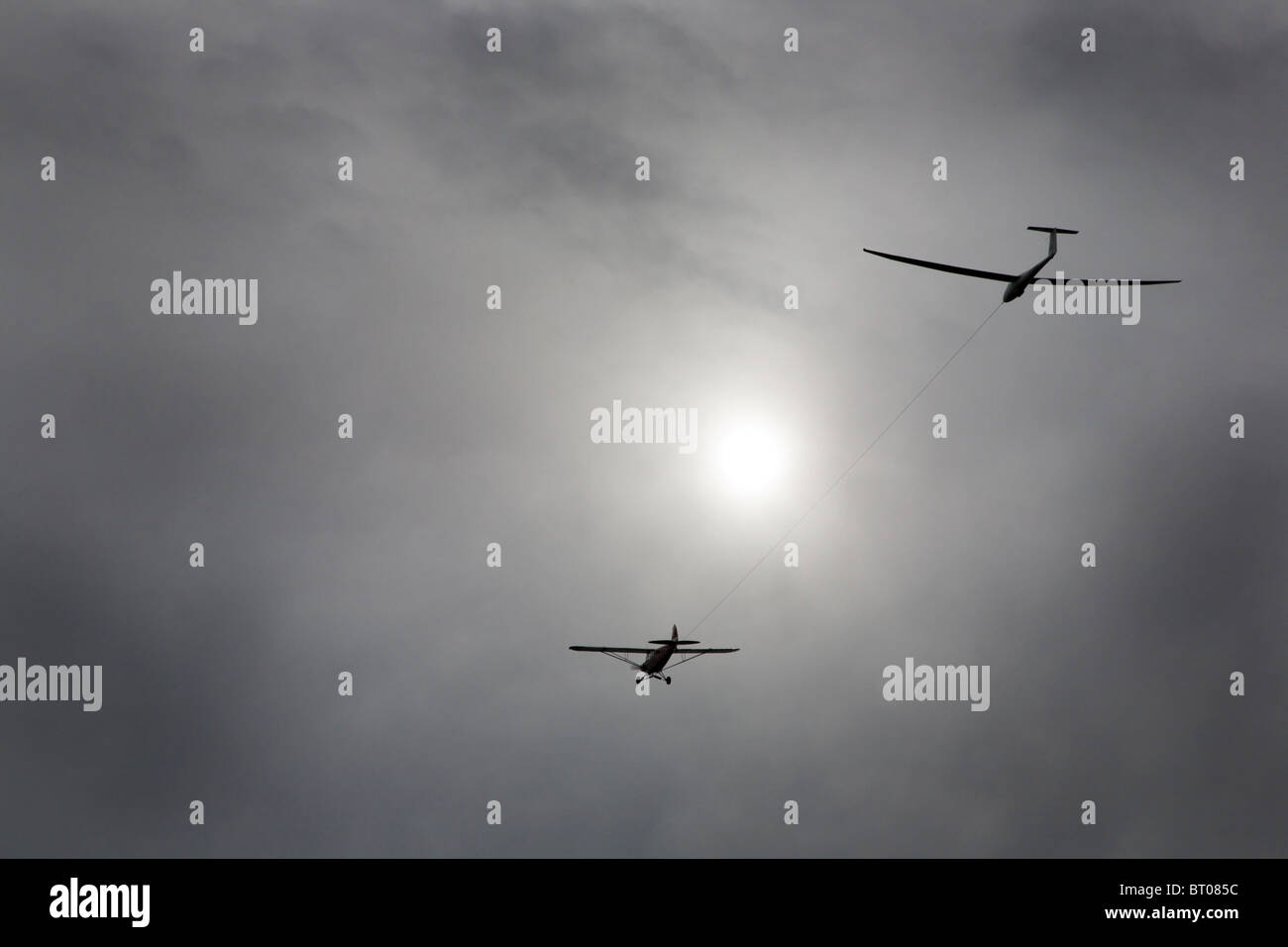A Glider taking off into a steely sky at Sutton Bank North Yorkshire