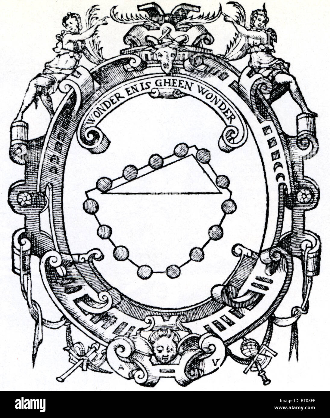SIMON STEVIN (1548/9 - 1620 Flemish mathematican. Title page of his Principles of Statics (1586)  See Description below Stock Photo