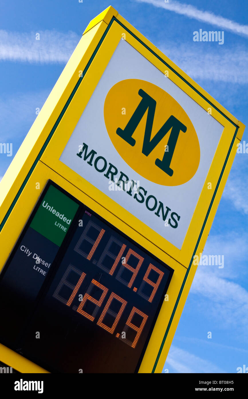 Morrisons UK supermarket petrol station sign displaying petrol and diesel prices on electronic display panel Stock Photo