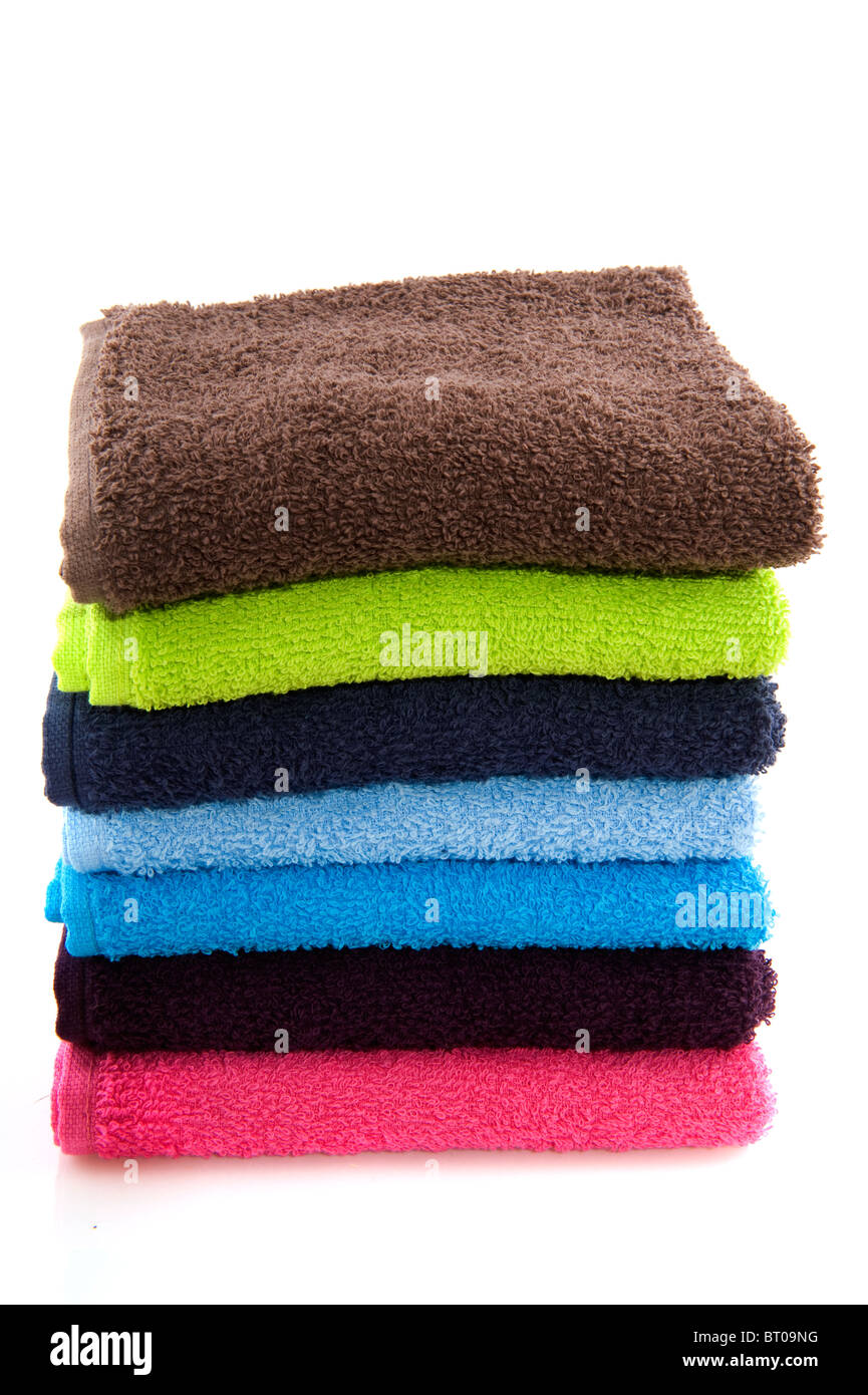 colorful folded towels in pink and blue  Stock Photo