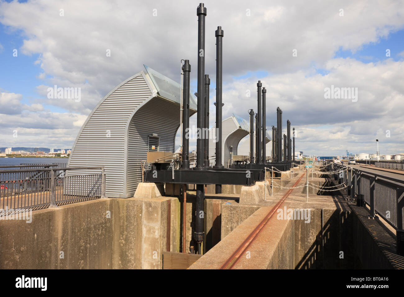 Cardiff Bay, South Wales, UK. Cardiff Barrage tidal flow control sluices separate fresh water in the bay from the sea Stock Photo