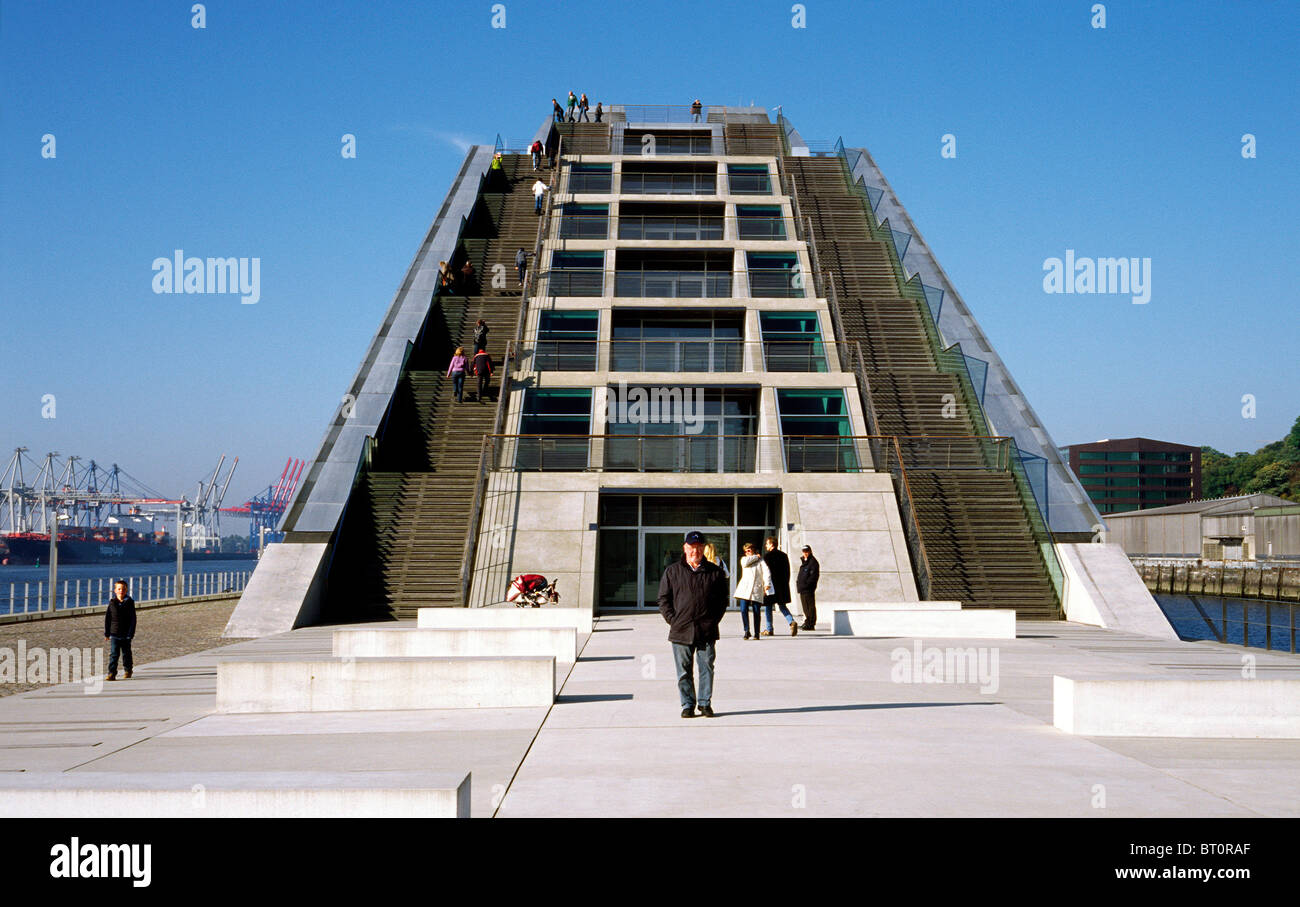 Steps leading up to the roof terrace of the Dockland building at Fischereihafen in the port of Hamburg. Stock Photo