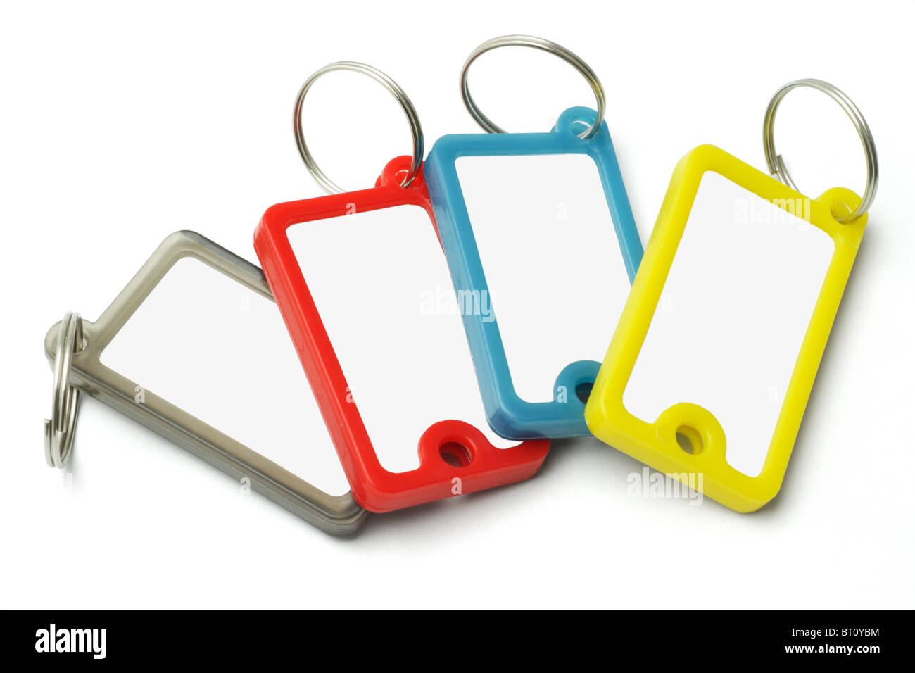 Multicolor plastic key labels on white background Stock Photo