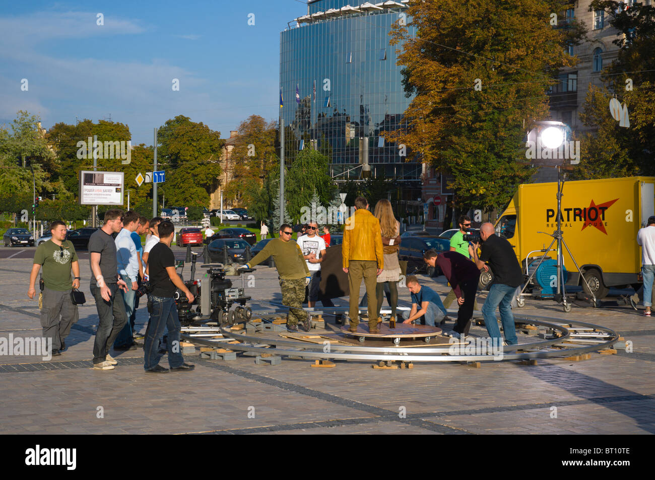 Film crew at ploscha Sofiyivska square Kiev Ukraine Europe Stock Photo