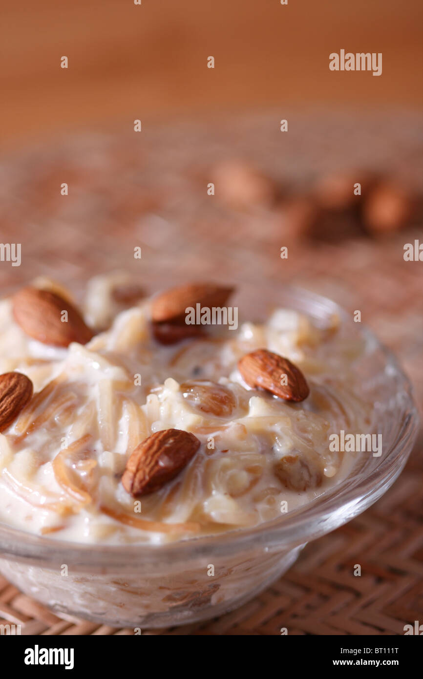 Kheer is made of Seviyan (roasted Vermicelli) cooked with milk, sugar & dry fruits Stock Photo