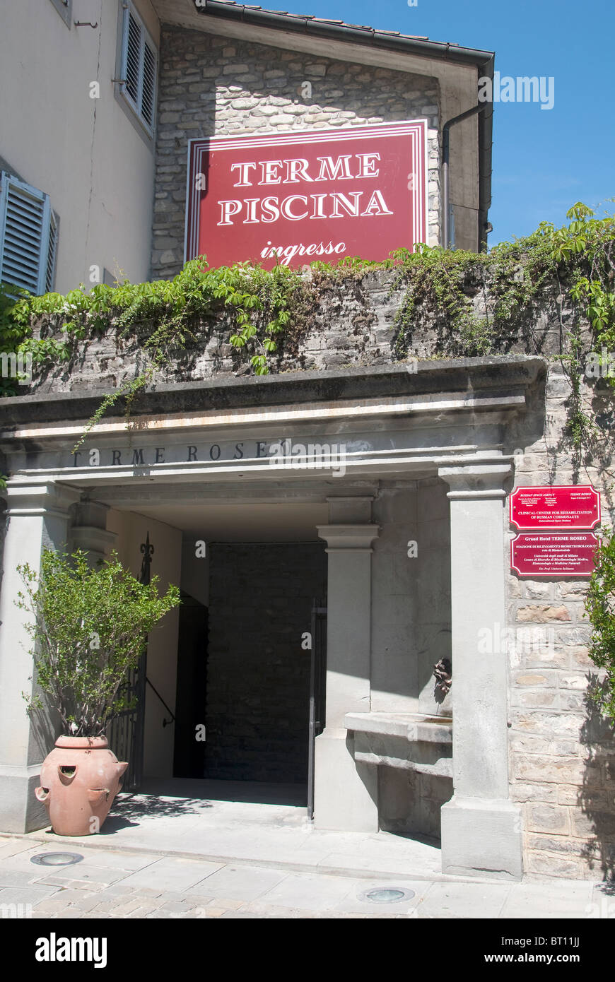 Terme Piscina where Russian cosmonauts counter the effects of weightlessness in Bagno di Romagna (according to the red sign) Stock Photo