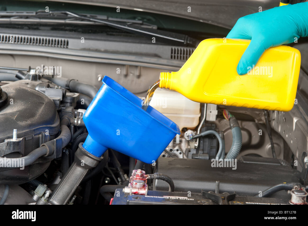 An automotive mechanic changes the oil in a modern car. Stock Photo