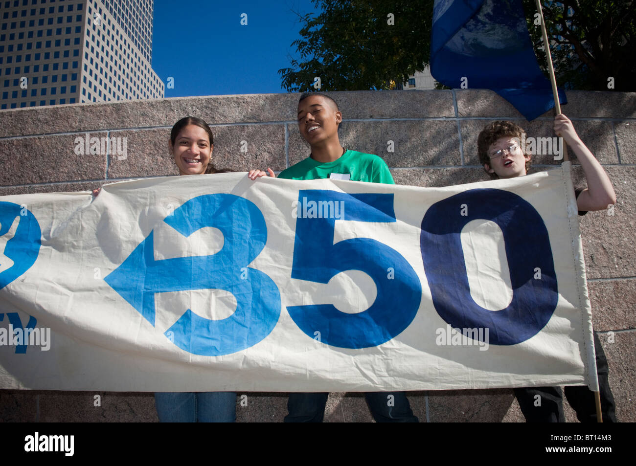 Participants celebrate 350.org,'s 10/10/10 global work party day at the 22nd Annual Ecofest in Battery Park City in New York Stock Photo