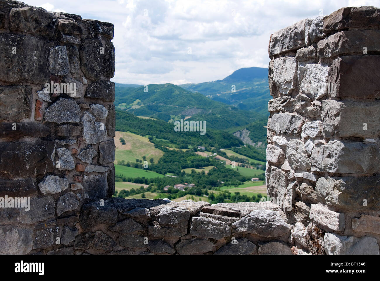 View of Le Marche through the castle walls at Pennabilli Stock Photo