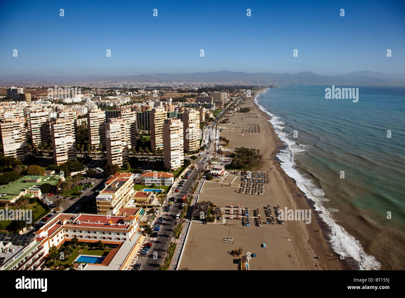 Vista aerea playas del Bajondillo Torremolinos Málaga Costa del Sol Andalucía España Aerial view beaches andalusia spain Stock Photo