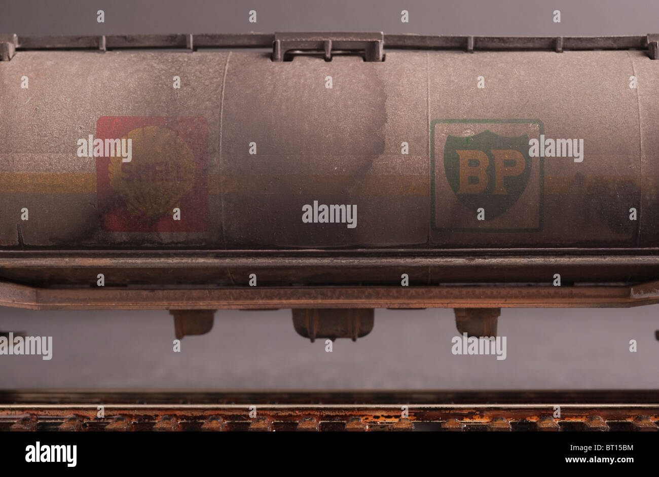 100 Ton Bogie Tank Wagon Shell BP, Weathered, Closeup Stock Photo