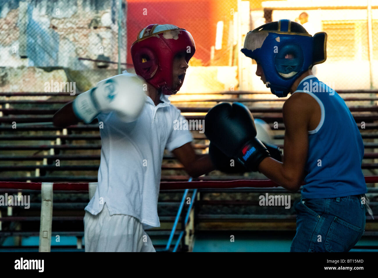 Young Cuban boys during a heavy training match at Rafael Trejo boxing gym in Havana, Cuba. Stock Photo