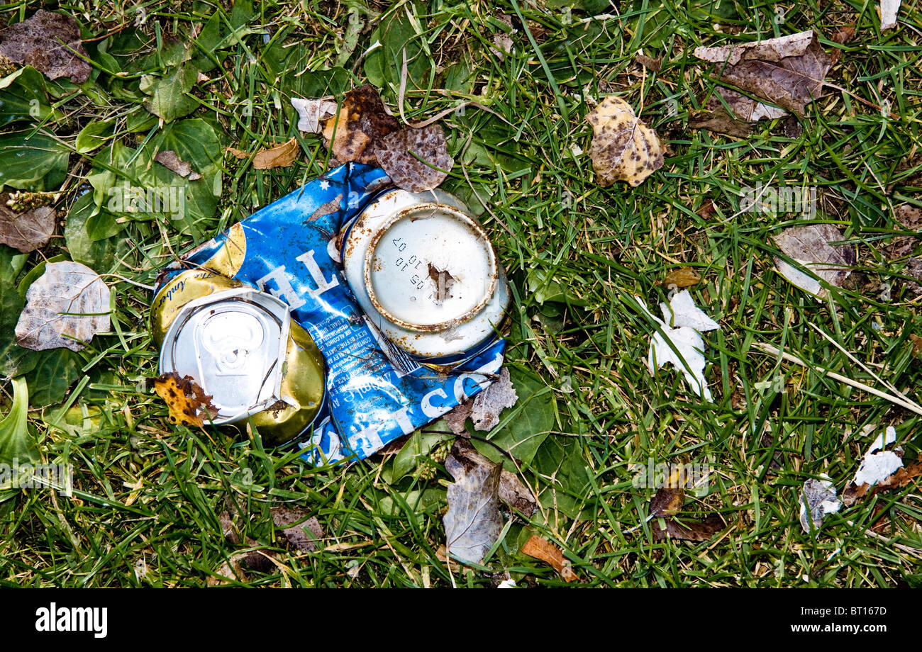 Crushed can on grass Stock Photo
