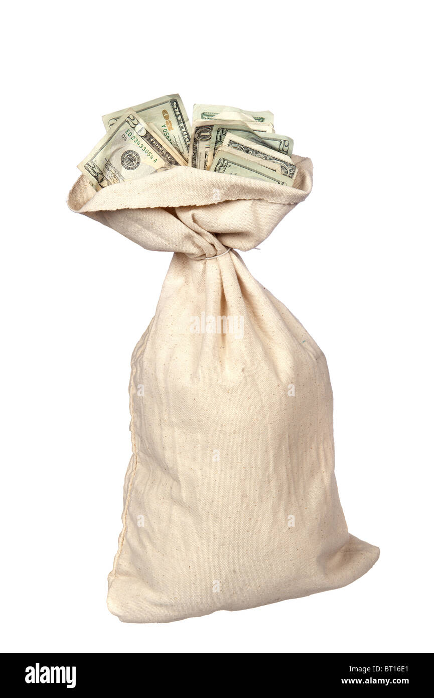 A burlap sack of cash on a white background. Stock Photo
