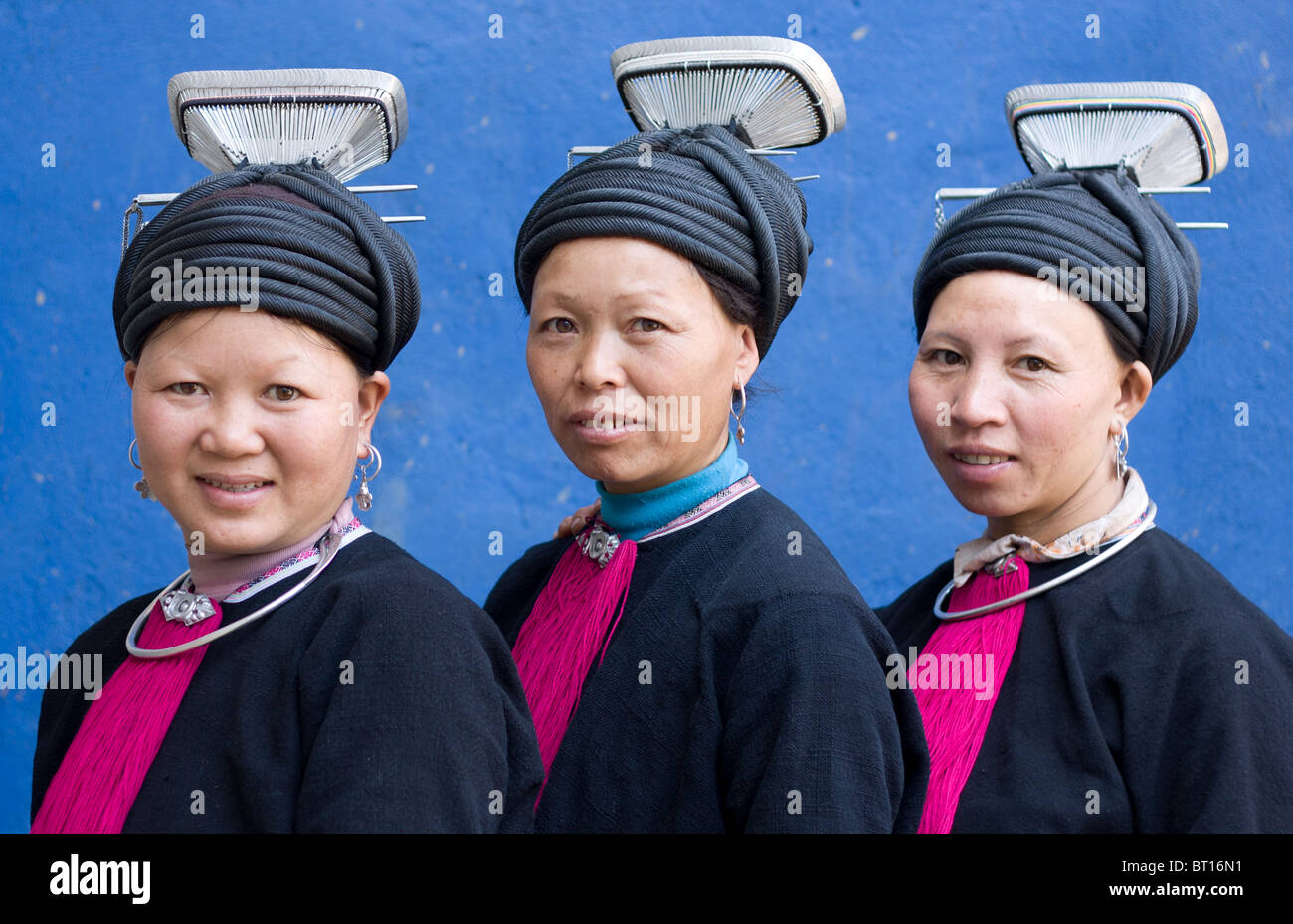 Three Black Dzao minority women pose for a photo, Bin lu, vietnam Stock