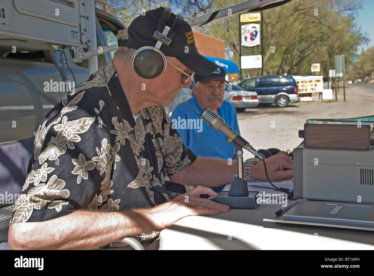 'CQ, CQ, CQ', an Amateur Radio enthusiast calls, at a field day in Capitan, New Mexico. Stock Photo