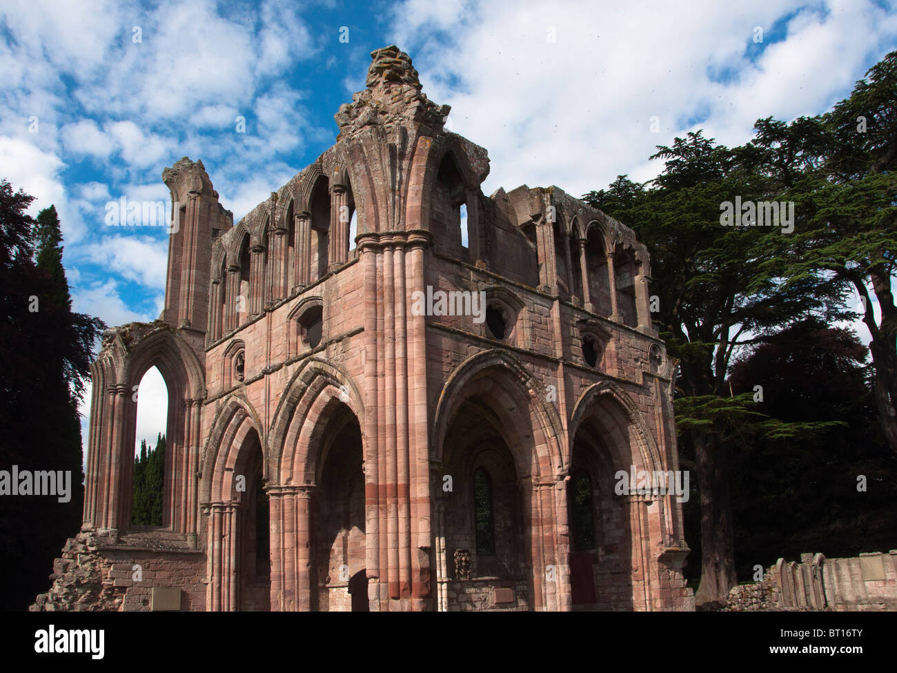 The ruined medieval architecture of Dryburgh Abbey in the Scottish borders, Dryburgh, Scotland. Stock Photo
