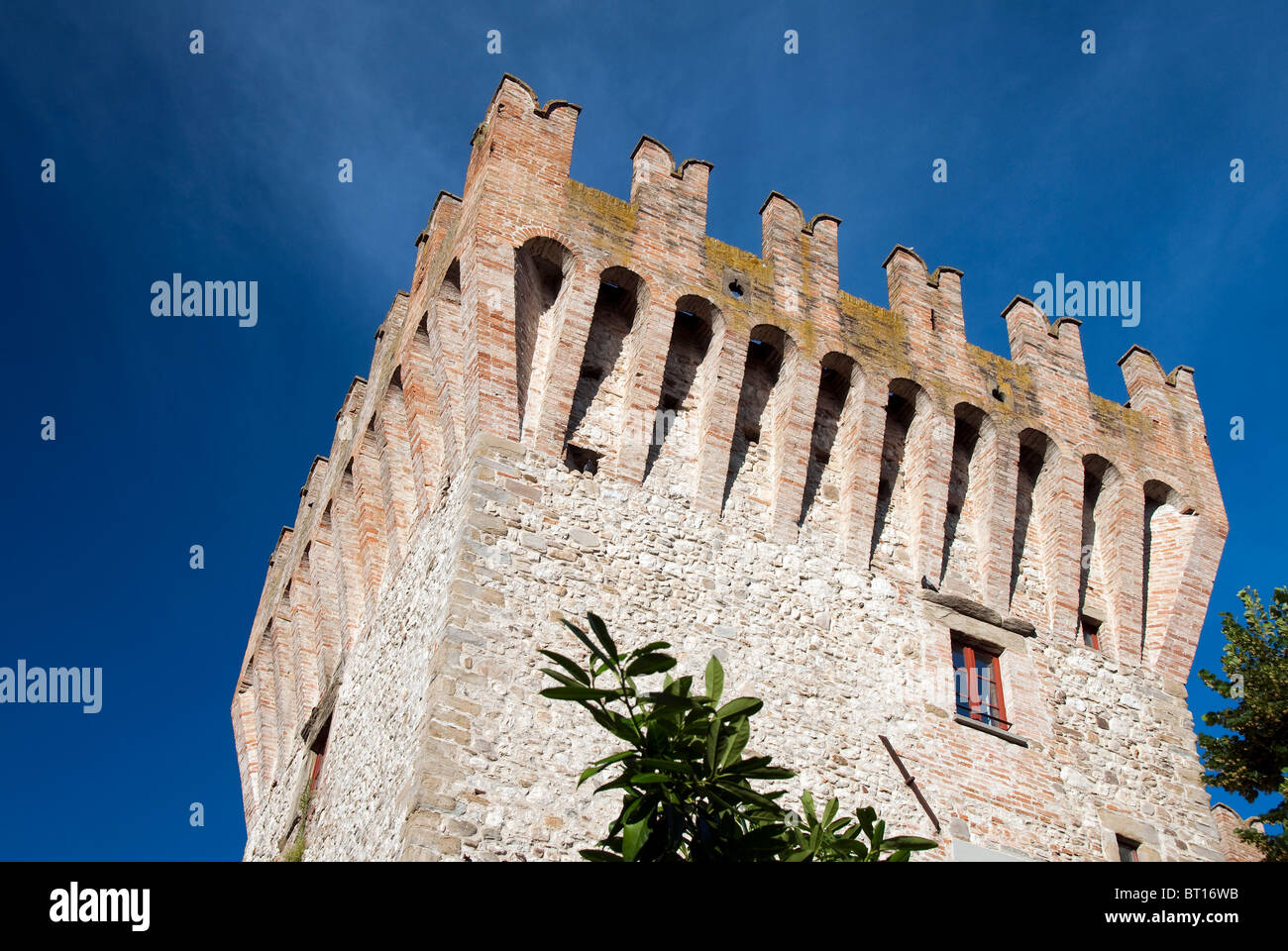 Castle of Piandimeleto in the Le Marche province of Pesaro e Urbino, Italy with the so-called Ghibelline or swallowtail battleme Stock Photo