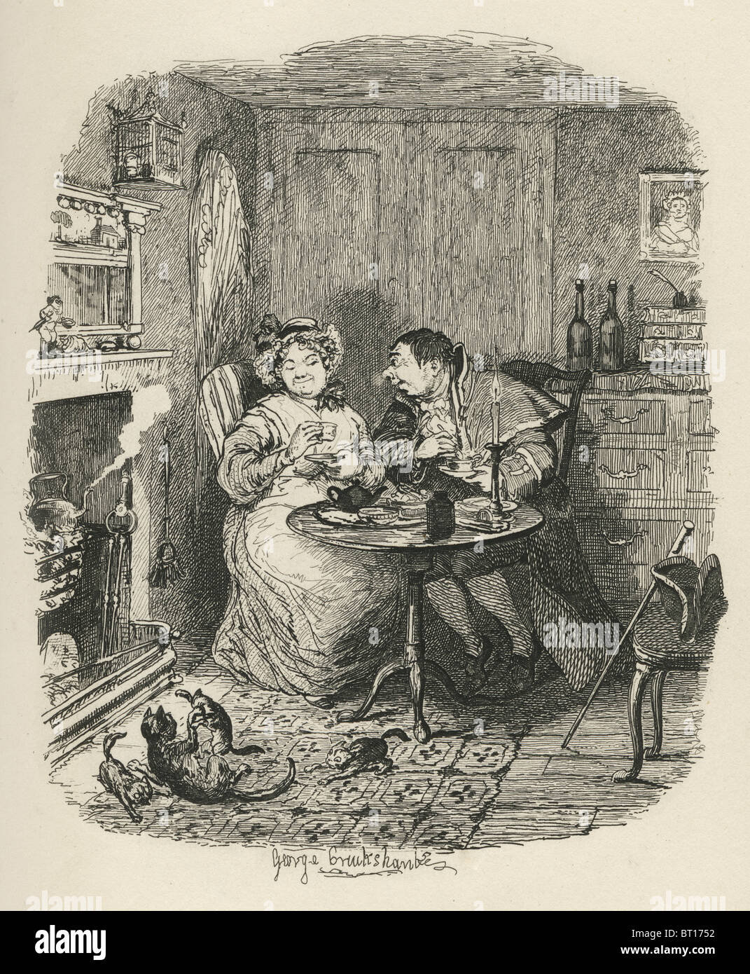 'Mr. Bumble and Mrs. Corney taking tea'. 19th century illustration from Charles Dicken's Oliver Twist. Stock Photo