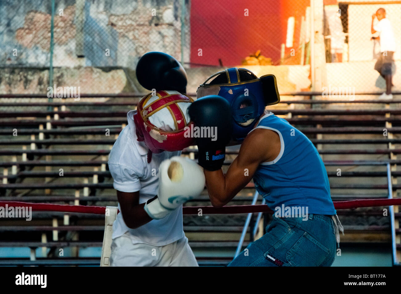 Young Cuban boys during a heavy training fight at Rafael Trejo boxing gym in Havana, Cuba. Stock Photo