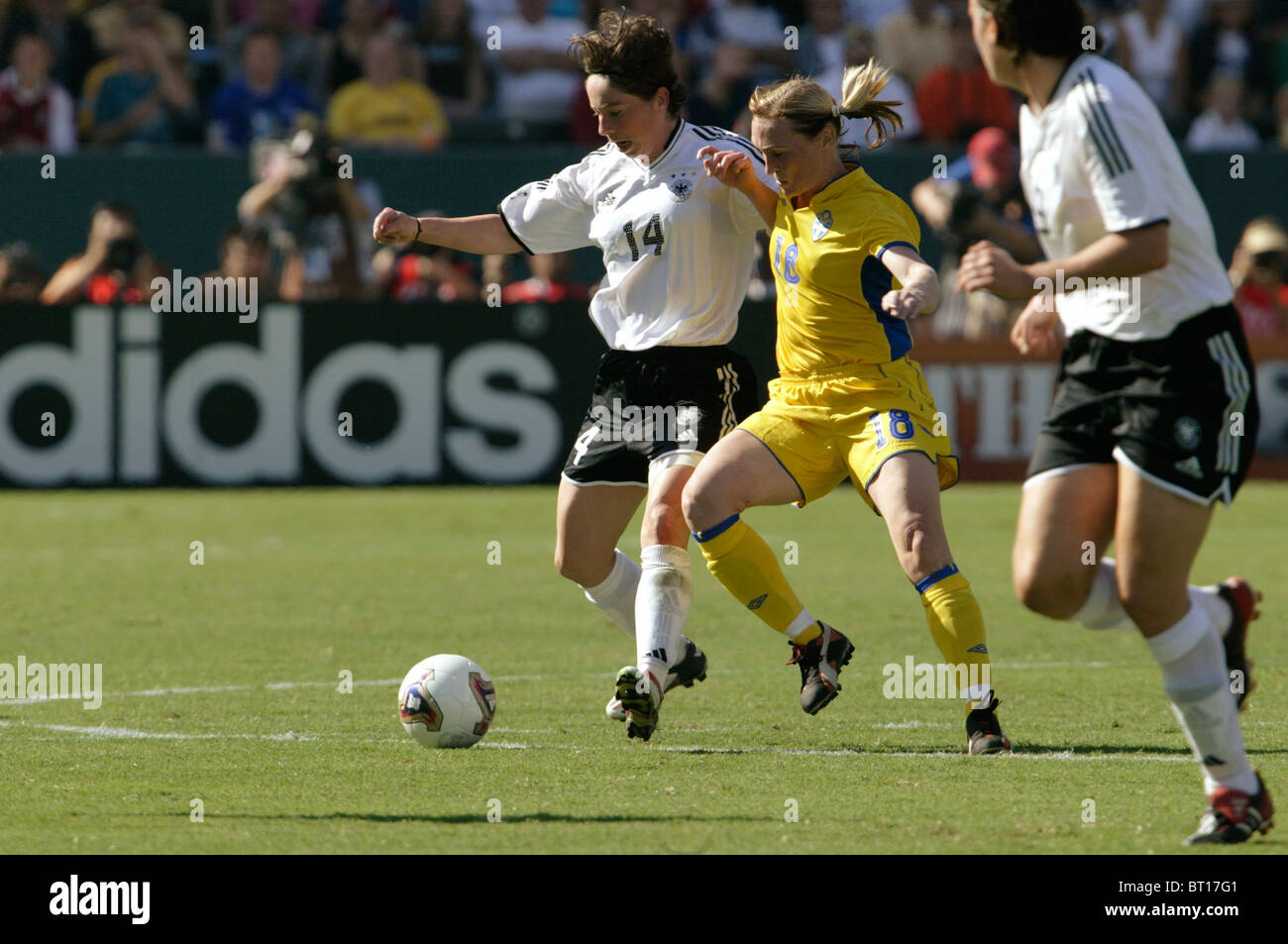 Maren Meinert of Germany (14) and Frida Ostberg of Sweden (18) battle for the ball during the 2003 Women's World Cup final. Stock Photo