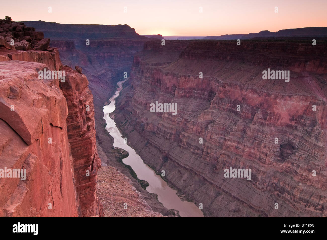 Grand Canyon and Colorado River seen from Toroweap Point at sunrise, Tuweep Area, Grand Canyon North Rim, Arizona, USA Stock Photo