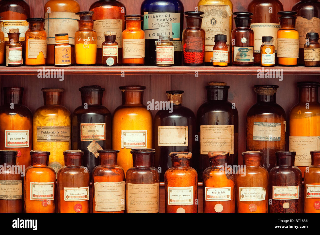Old pharmacy jars of Noble Hospital in Malaga Andalusia Spain Stock