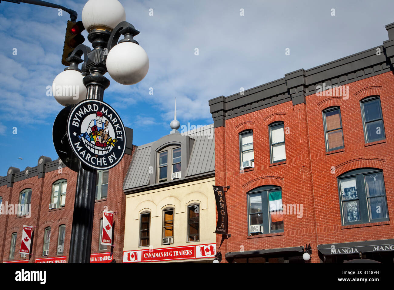 Various store, the Market logo, and a distinctive lamp post are seen In Ottawa ByWard market