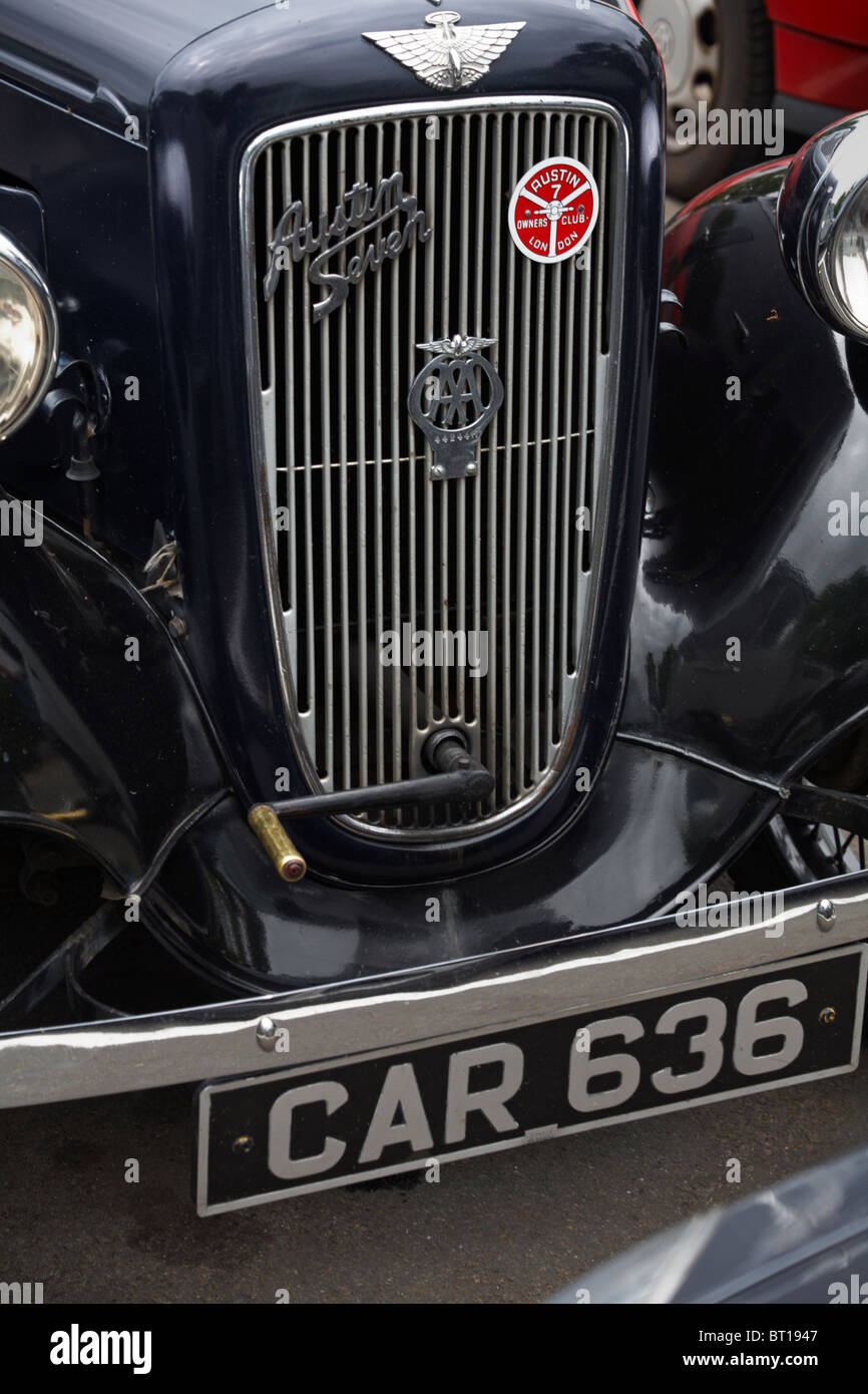 Front of black Austin Seven classic old car with Austin 7 Owners Club London badge on grille Stock Photo