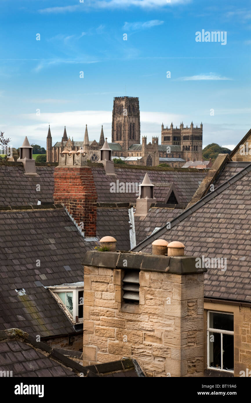 View of roof tops of Durham City with Cathedral in Background, Durham, England, UK, GB Stock Photo
