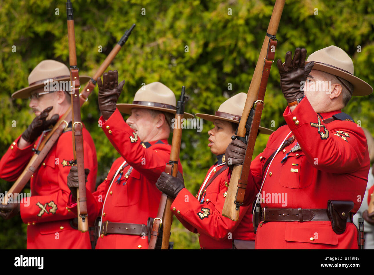 Royal Canadian Mounted Police performing in honour of slain comrades-Victoria, British Columbia, Canada. Stock Photo