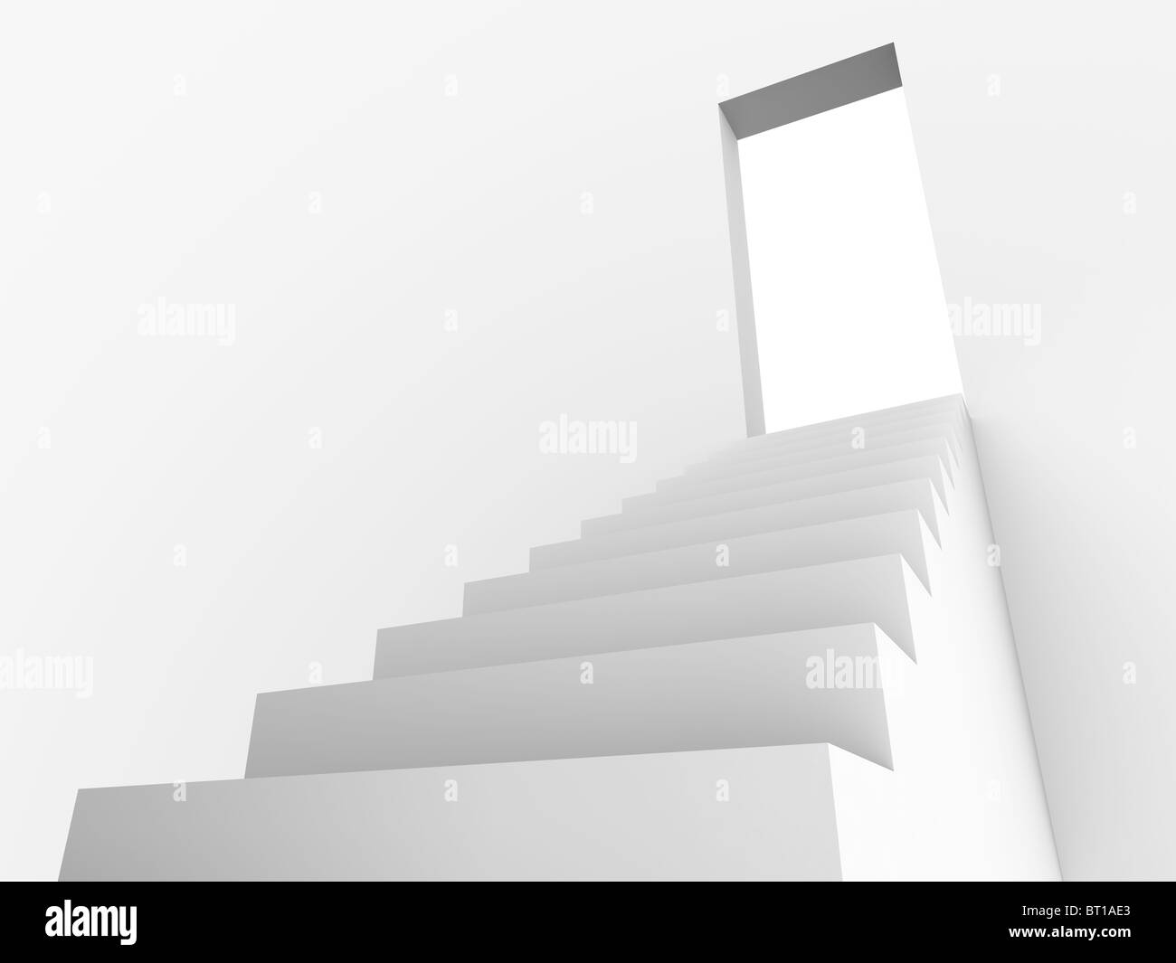 Monochromic 3d rendered image of stair to opened door. Stock Photo