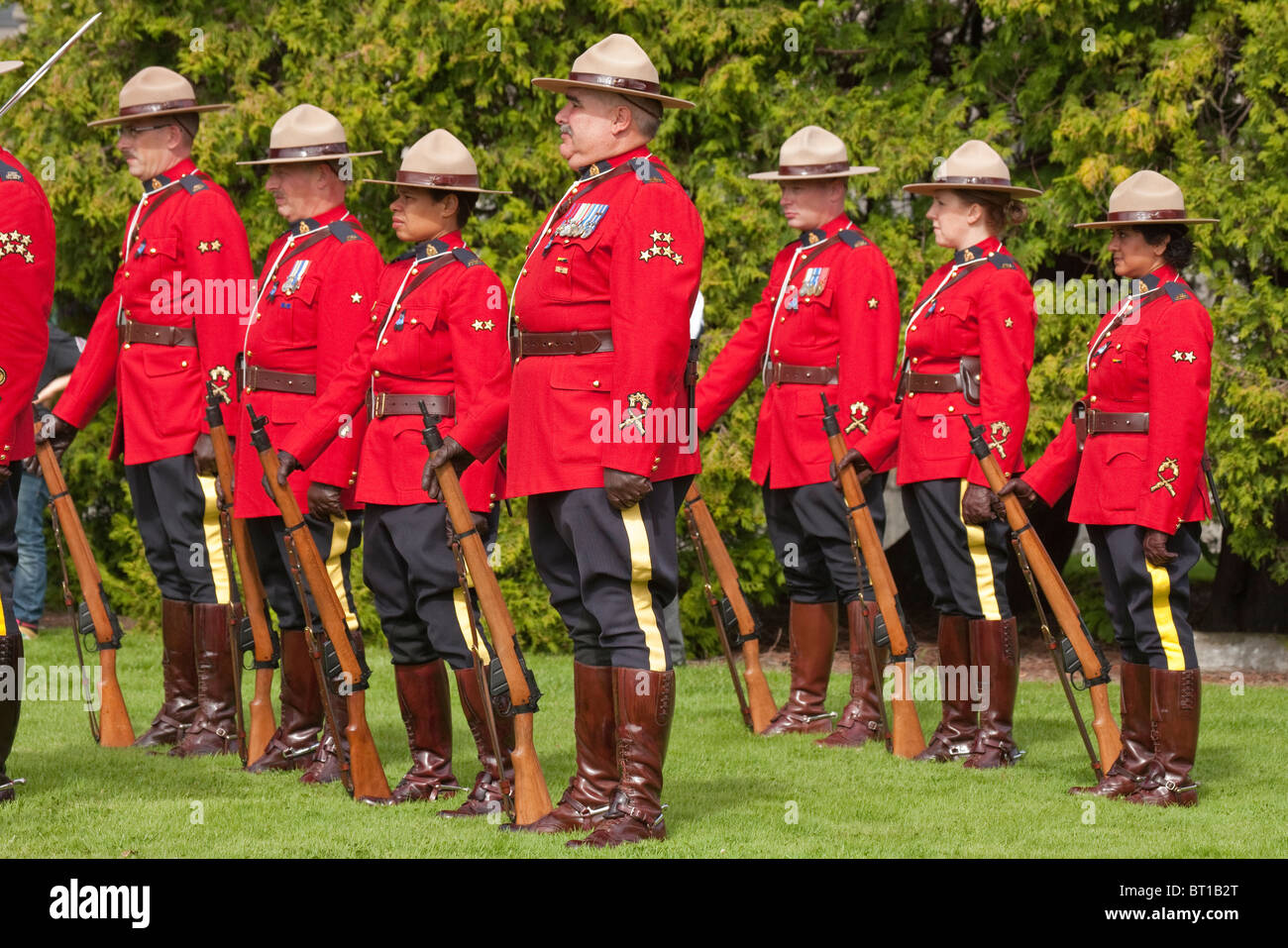 Royal Canadian Mounted Police at attention in honour of slain comrades-Victoria, British Columbia, Canada. Stock Photo
