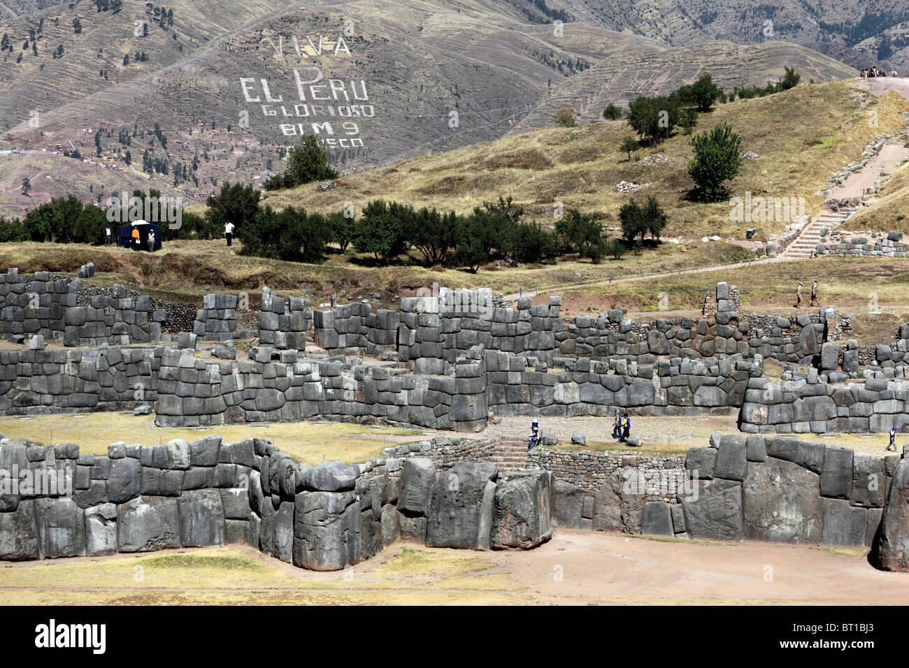 Zig zag defensive walls at Sacsayhuaman , Cusco , Peru Stock Photo