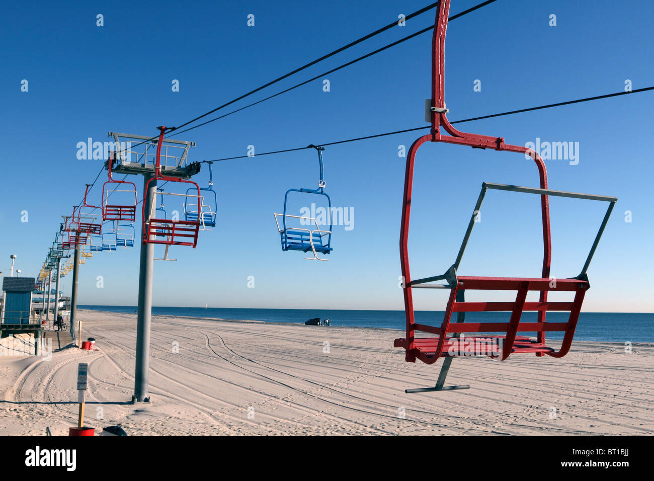 Seaside Heights New Jersey USA chair lift ride on the beach running along the boardwalk. Stock Photo