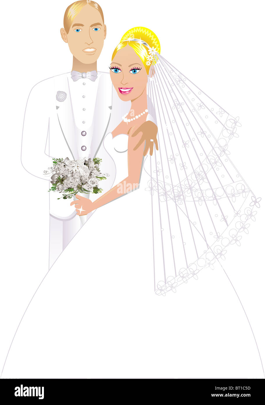 Vector Illustration. A beautiful bride and groom on their wedding day and a formal special occasion. Newly Weds 3. Stock Photo