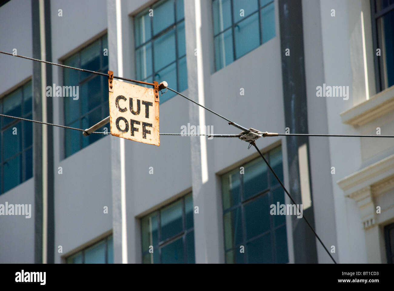 Cut off sign on electric tram / transport system in Wellington New Zealand Stock Photo