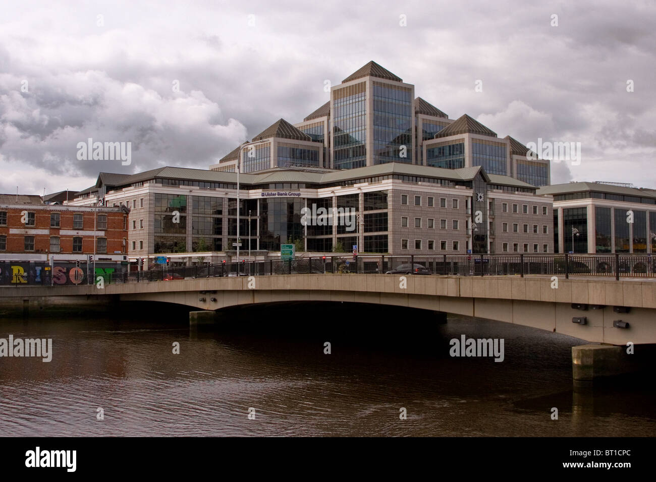 Georges Quay Plaza ( including Ulster Bank Headquarters ) fronted by Matt Talbot Bridge, Georges Quay, Dublin, Ireland Stock Photo