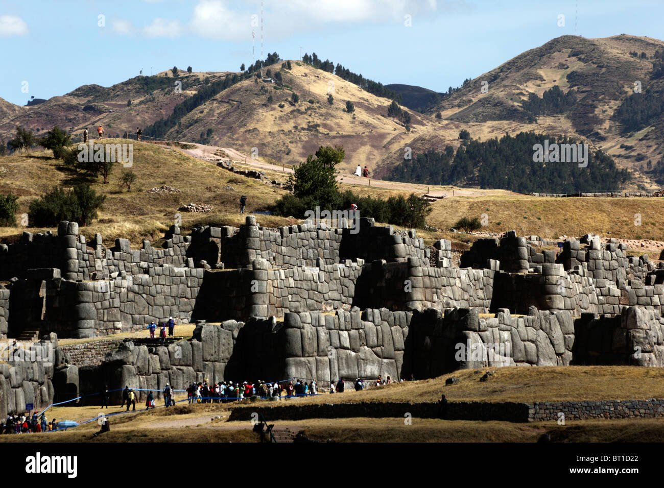 Zig zag defensive walls at Sacsayhuaman , Cusco , Peru Stock Photo