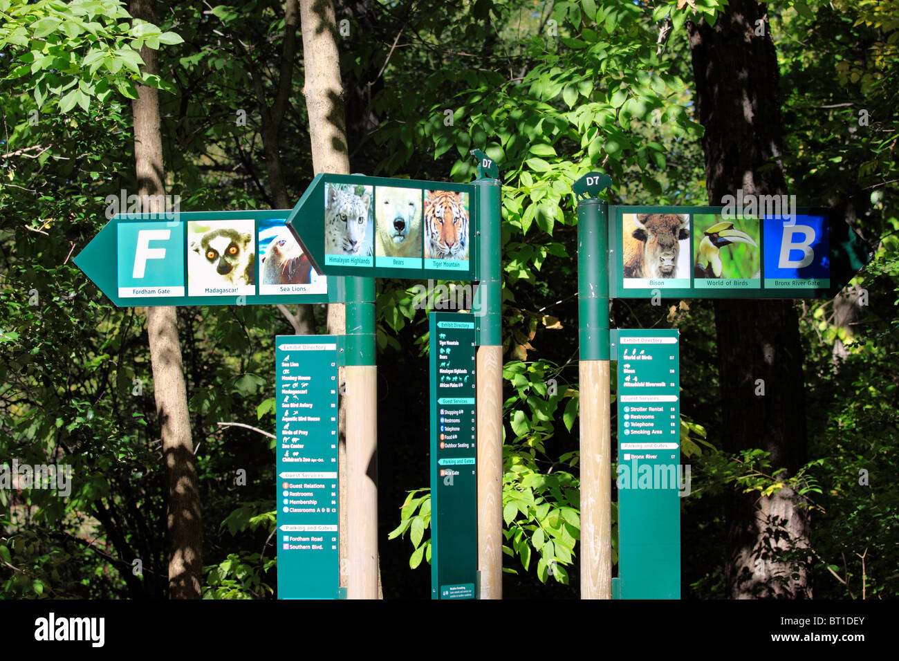 Signs pointing the direction to various exhibits and other places at the Bronx Zoo, New York City Stock Photo