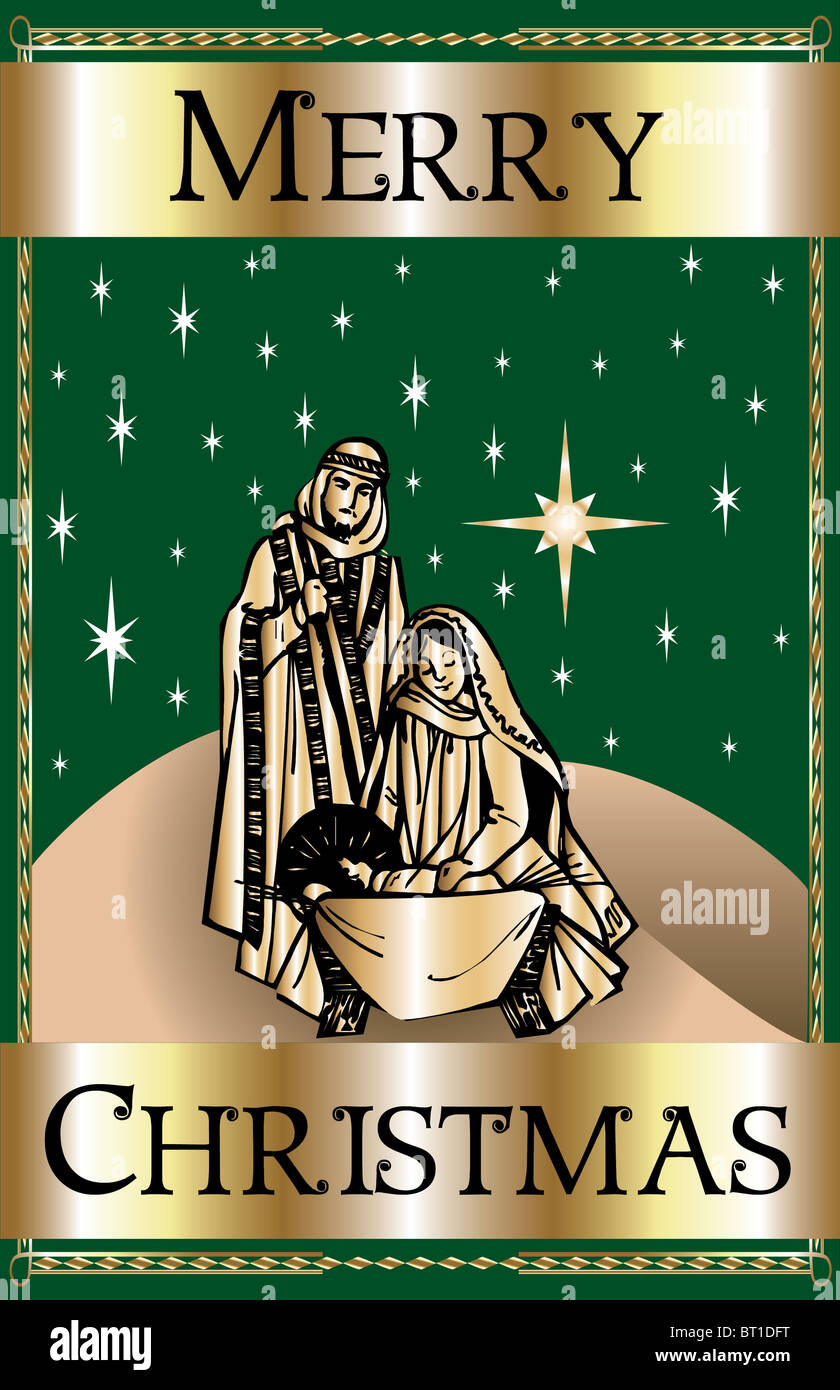 Vector Illustration of a Merry Christmas Green Nativity Stock Photo - Alamy