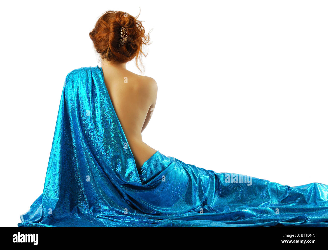 Woman covered with shiny blue material Stock Photo